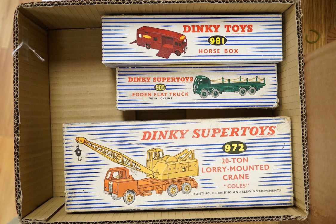 Three boxed Dinky Toys and Supertoys; a Foden FG with chains in green (905), Horse Box in BR livery (981), and a 20-ton Lorry-Mounted Coles Crane (972)
